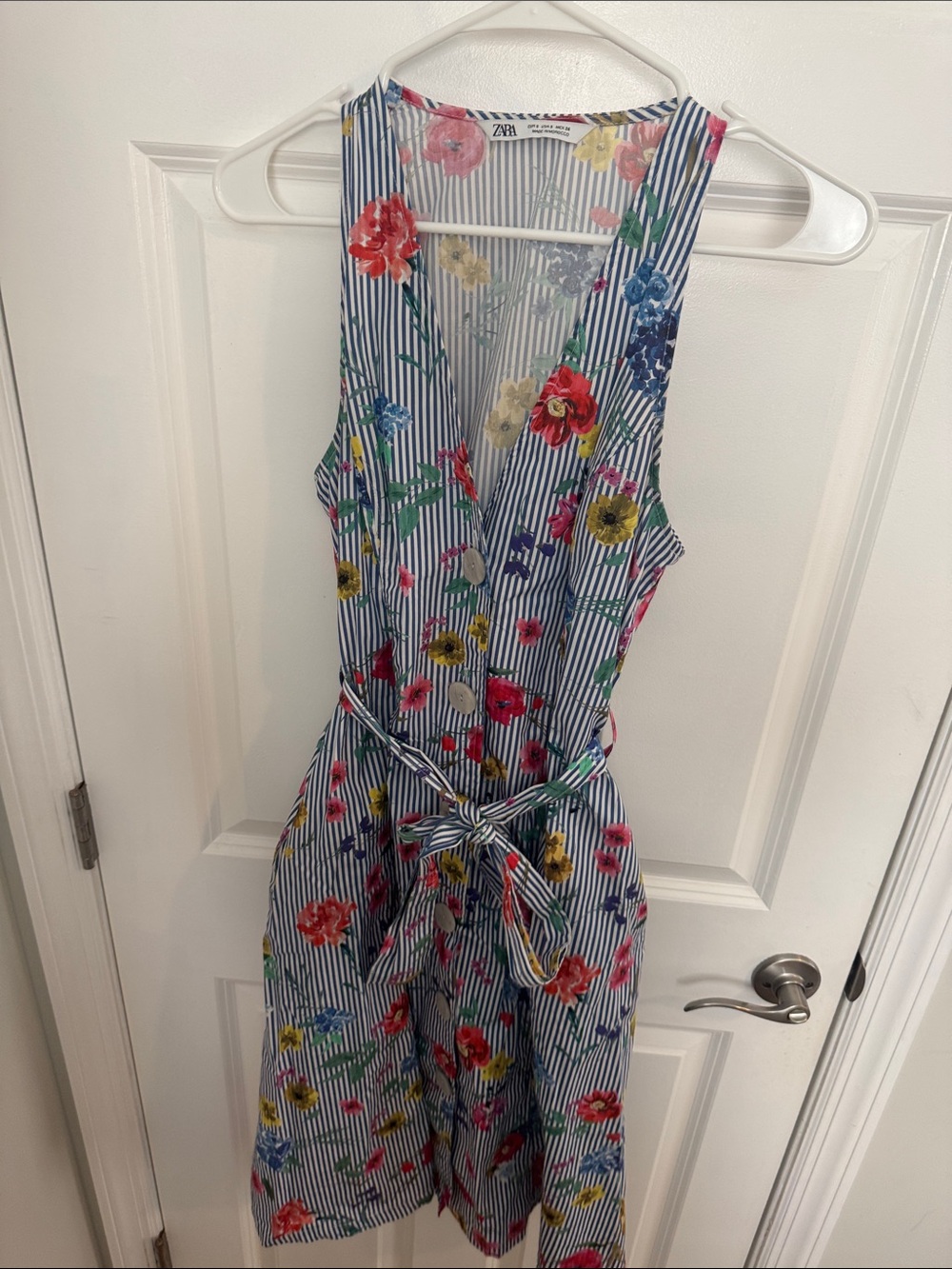 Zara Blue and White Striped Floral Wrap Dress